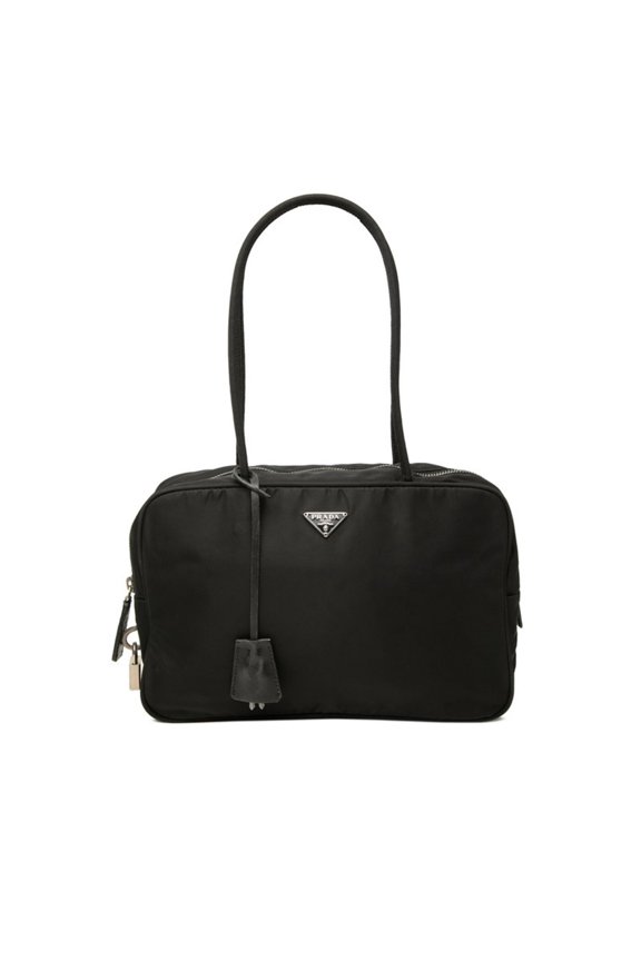 Pre-Owned Prada Triangle Logo Plate Handbag, Black Nylon Leather, Women's PRADA