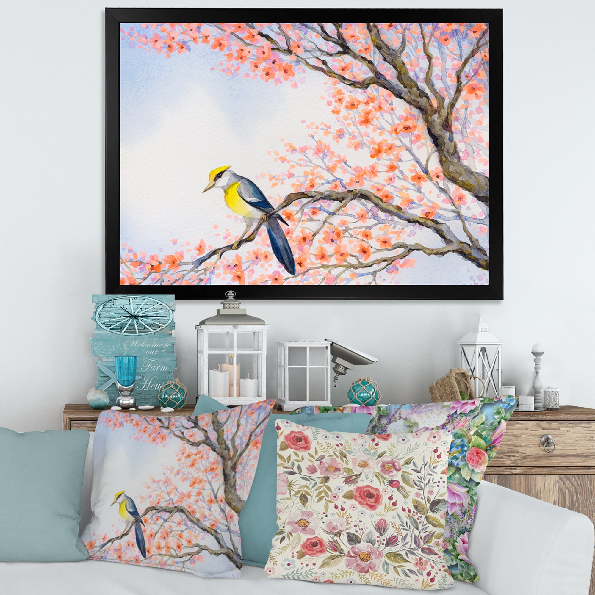 Designart 'Beautiful Blue Bird Sitting On Flowering Branch I' Traditional Framed Art Print