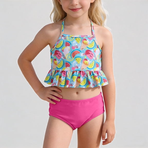 REDARER Girls Two-Piece Swimsuit – Summer Print Peplum Top & Bottom, Cute Cartoon Style for Beach Pool Toddler Swimwear,18-24 Months