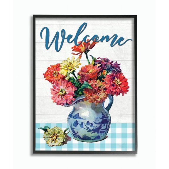 Stupell Home Décor Industries Welcome Flower Pot Blue Plaid Rustic Word Design Framed Wall Art by The Saturday Evening Post