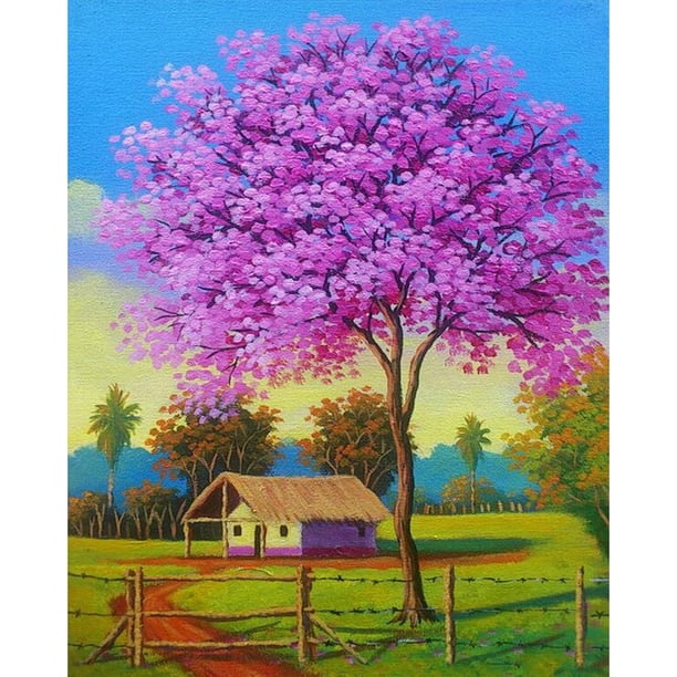Cuadros Decorativos Cabaña bajo el árbol pintura al óleo por números Kits lienzo DIY dibujo decoración del hogar Wdftyju embutido en tela