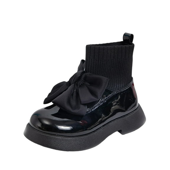 Black Casual Solid Color Sock Style Shoes For Girls, Princess Leather Design, Comfortable For Everyday Use