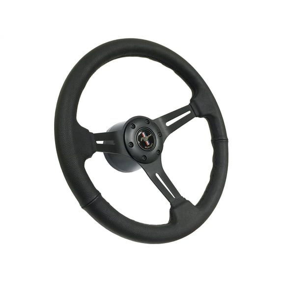 1984-04 Ford Mustang; VSW S6 Black Leather Wrapped Steering Wheel Black Aluminum Kit with Running Pony Emblem