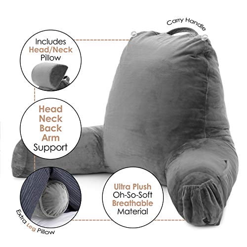 Clara Clark Reading Pillow, Extra Large Bed Rest Pillow with Arms for Teens & Adults, Premium Shredded Memory Foam Backrest Pillow, Neck Roll & Lumbar Back Support Pillow, - Gray