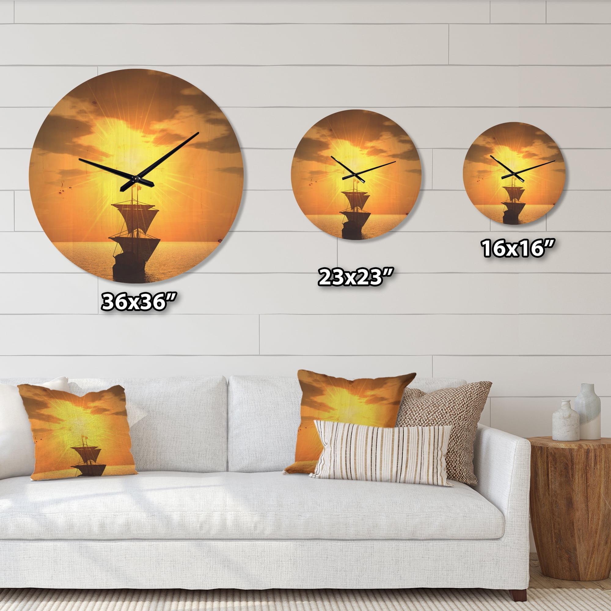 Designart 'Sunset and Ship' Modern Wood Wall Clock