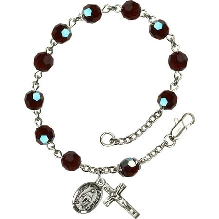 Square Swarovski Rosary Bracelet - Sterling Silver Rosary Bracelet 6mm January Red Swarovski Austrian Tin Cut Aurora Borealis beads Crucifix sz 5/8 x 1/4.