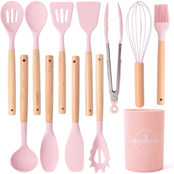 Silicone Kitchen Utensils Set, 12 Piece Cooking Tools with Wooden Handles