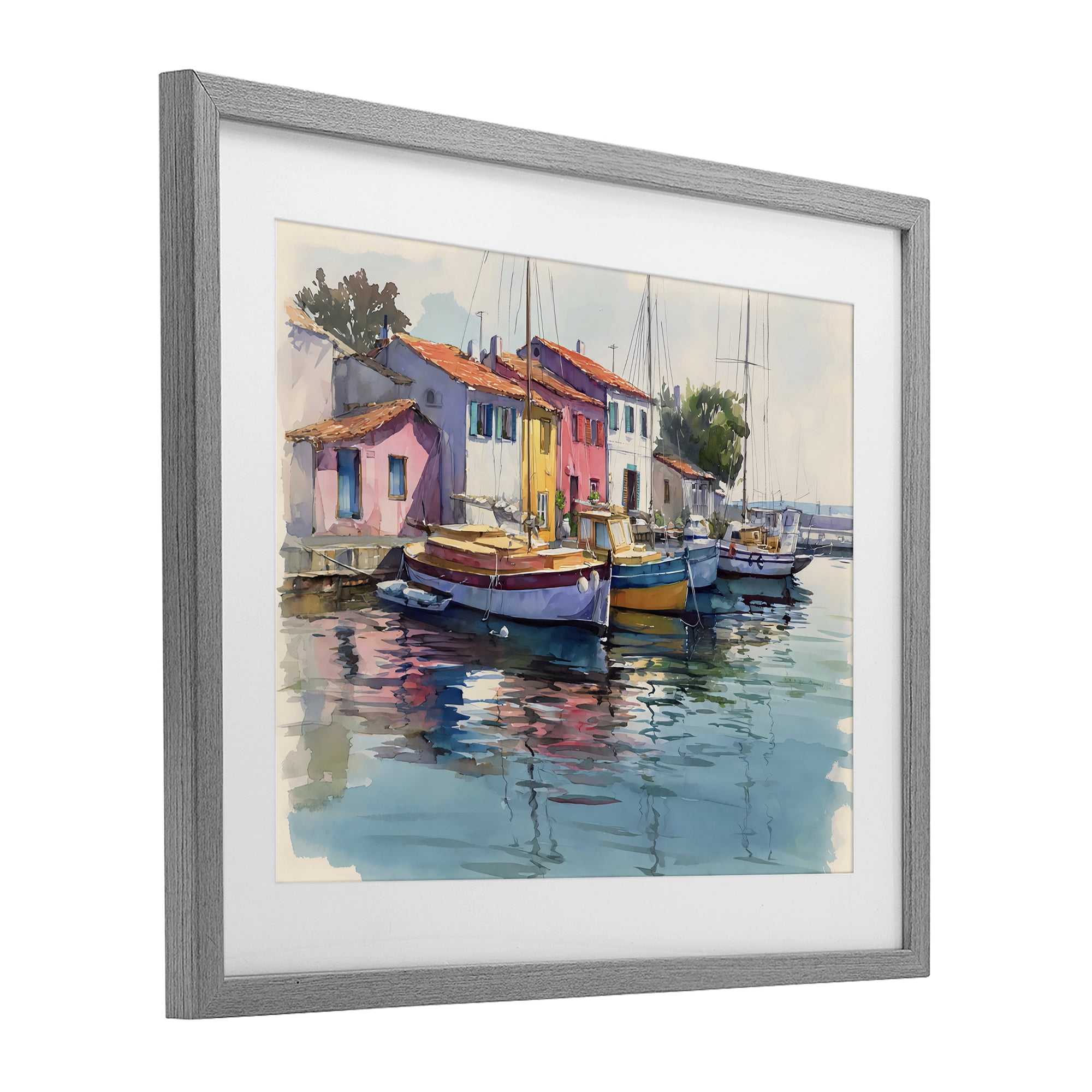 Stupell Industries Colorful Docks Harbor Gray Framed Print Under Glass, design by Franklyn Gregory