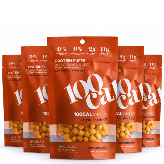 100 Cal Snacks BBQ Protein Puffs — 11g Protein, 100 Calorie Snack Bags, Low Carb, Keto, Gluten Free, Gut Healthy Snacks, 5 Count