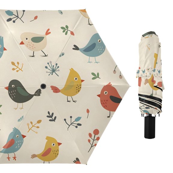Cartoon Bird and Leaf Compact Sun Umbrella Windproof Travel Umbrellas for Rain Strong Portable UV Protection
