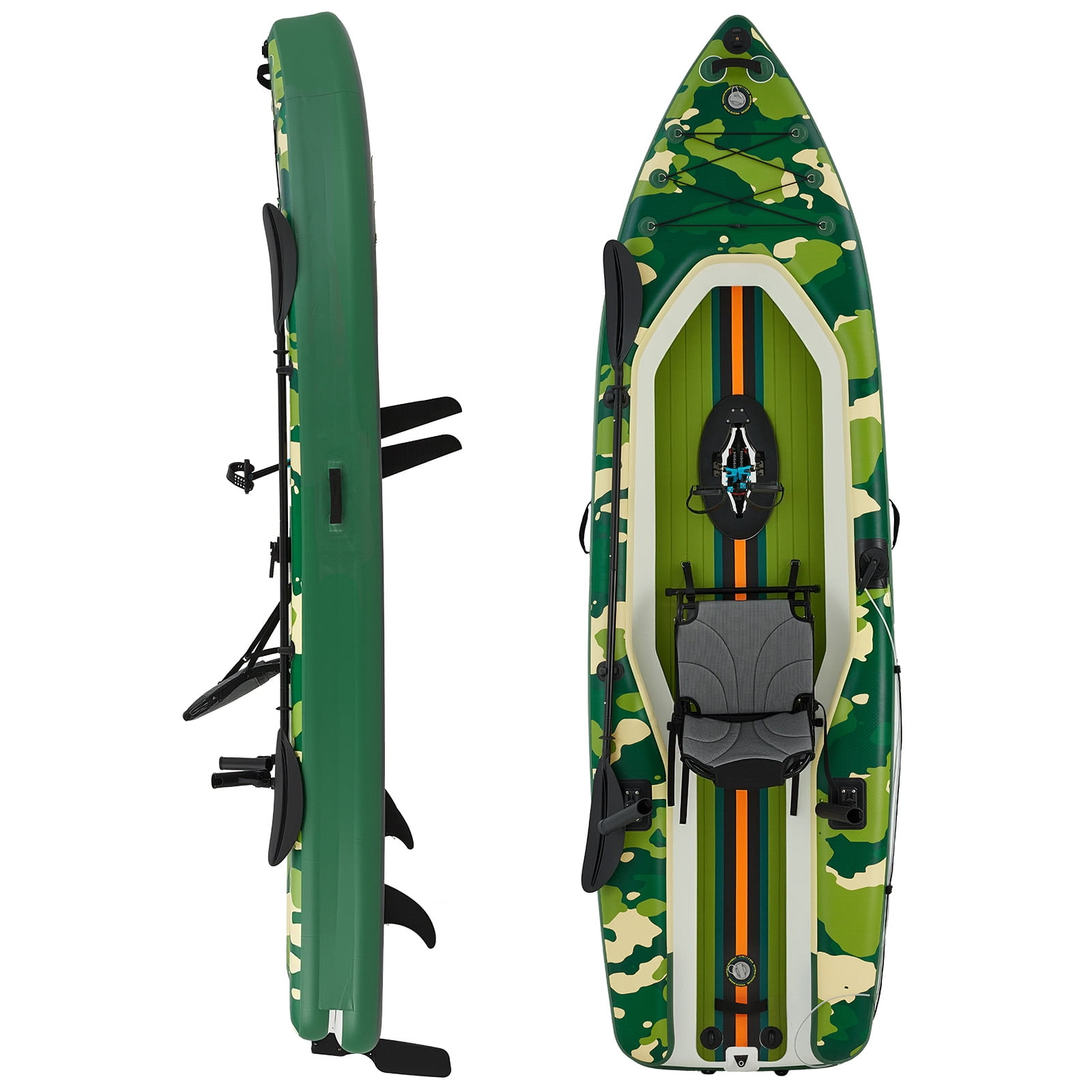 Bezliving Inflatable Kayak with Pedal System, 12ft Premium PVC Fishing Kayak, with Aluminum Seat, Rudder System, Motor Mounting Board, and Accessories Included, Green & Camouflage