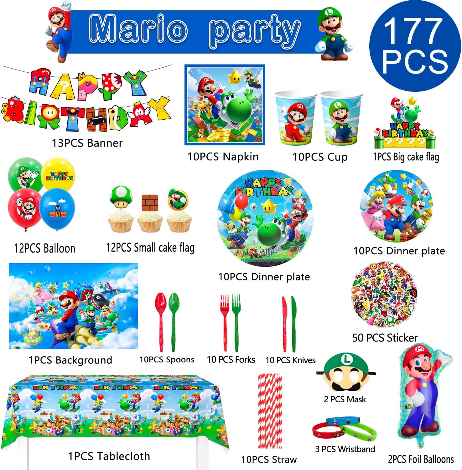 Super Mario Birthday Party Supplies,177pcs Mario Party Decorations&Tableware Set-Mario Party Plates Cups Napkins Table Cloth Balloons Backdrop Banner etc Super Mario Birthday Decorations