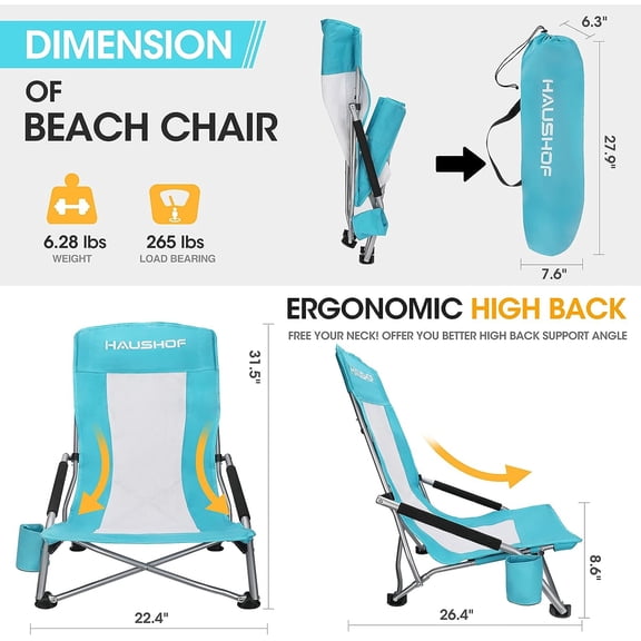 High Back Beach Chair with Mesh Back, Lightweight Folding Camping Chair with Cup Holder and Carry Bag for Outdoor Beach Lawn Picnic