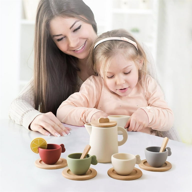 NOGIS Wooden Tea Party Set for Little Girls 14 Pcs Toddler Tea Set