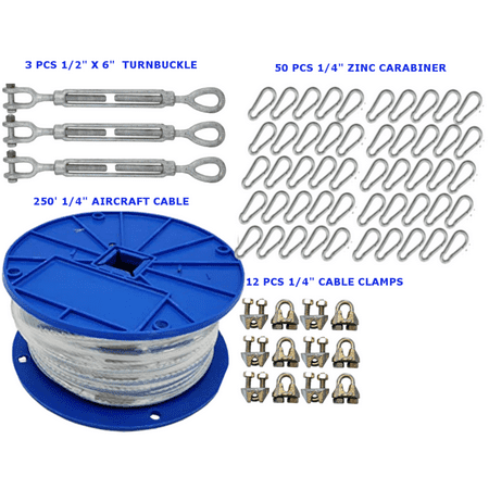 X-Heavy Duty Indoor/Outdoor Cable Kit for Baseball Softball Batting Cage Net with 1/4  Turnbuckles  1/4 Cable Clamps  and Zinc Snap Clips (Cable Kit for up to 55  Long Cage with 3 Turnbuckles)