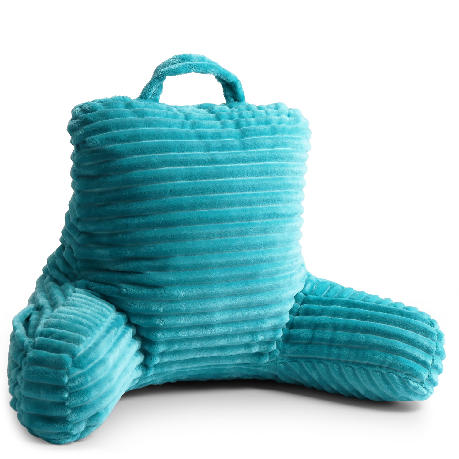 Clara Clark Cut Plush Striped Reading Pillow for Kids & Teens, Small Back Pillow, Back Support Pillow, Shredded Memory Foam Bed Rest Pillow with Arms, Teal