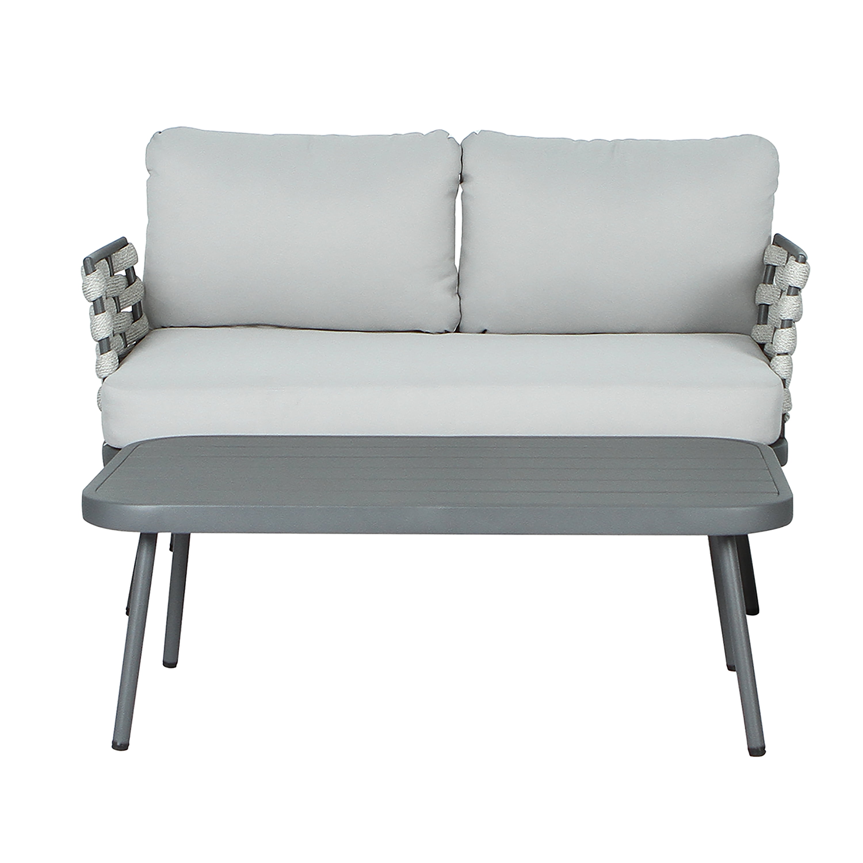 Loveseat and Table, Outdoor Steel Furniture for Patio Garden, Grey