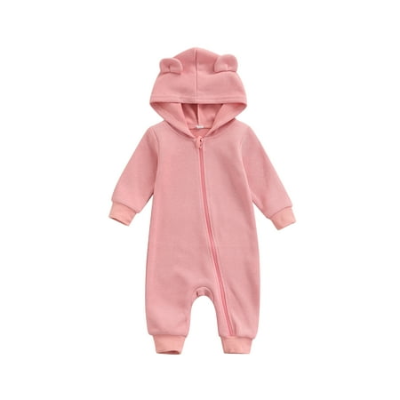 

Canrulo Newborn Baby Boys Girls Hooded Romper Long Sleeve Zipper 3D Ears Jumpsuit Bodysuit Fall Winter Clothes Pink 9-12 Months