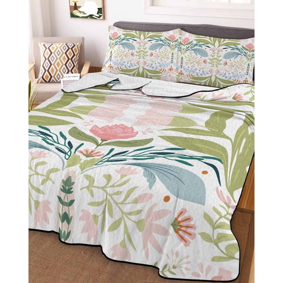 Boho Green Flower Queen Size Down Alternative Comforter, Lightweight Comforter Quilt Bedding Set with Pillow Shams Botanical Watercolor Leaf Floral All Seasons Bed Comforter Duvet Insert 90"x96"