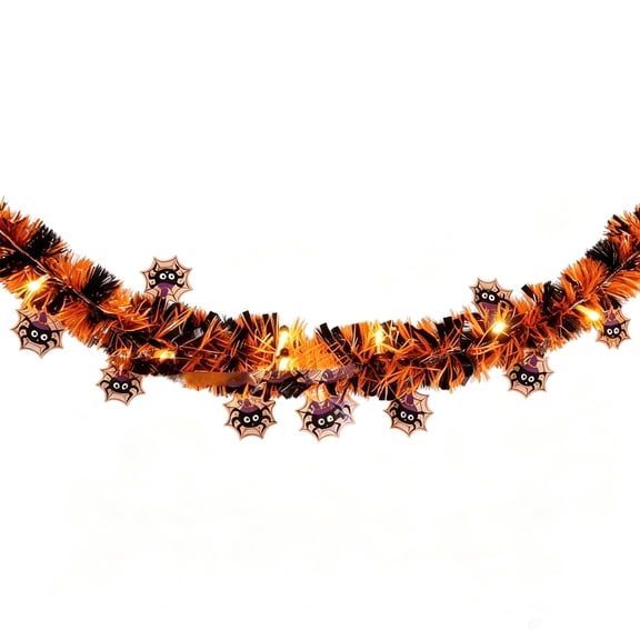 9.84 FT Halloween Tinsel Garland with LED Light White Ghost, Orange Pumpkin And Black Spider,Halloween Tree Ornaments for Indoor Outdoor Party