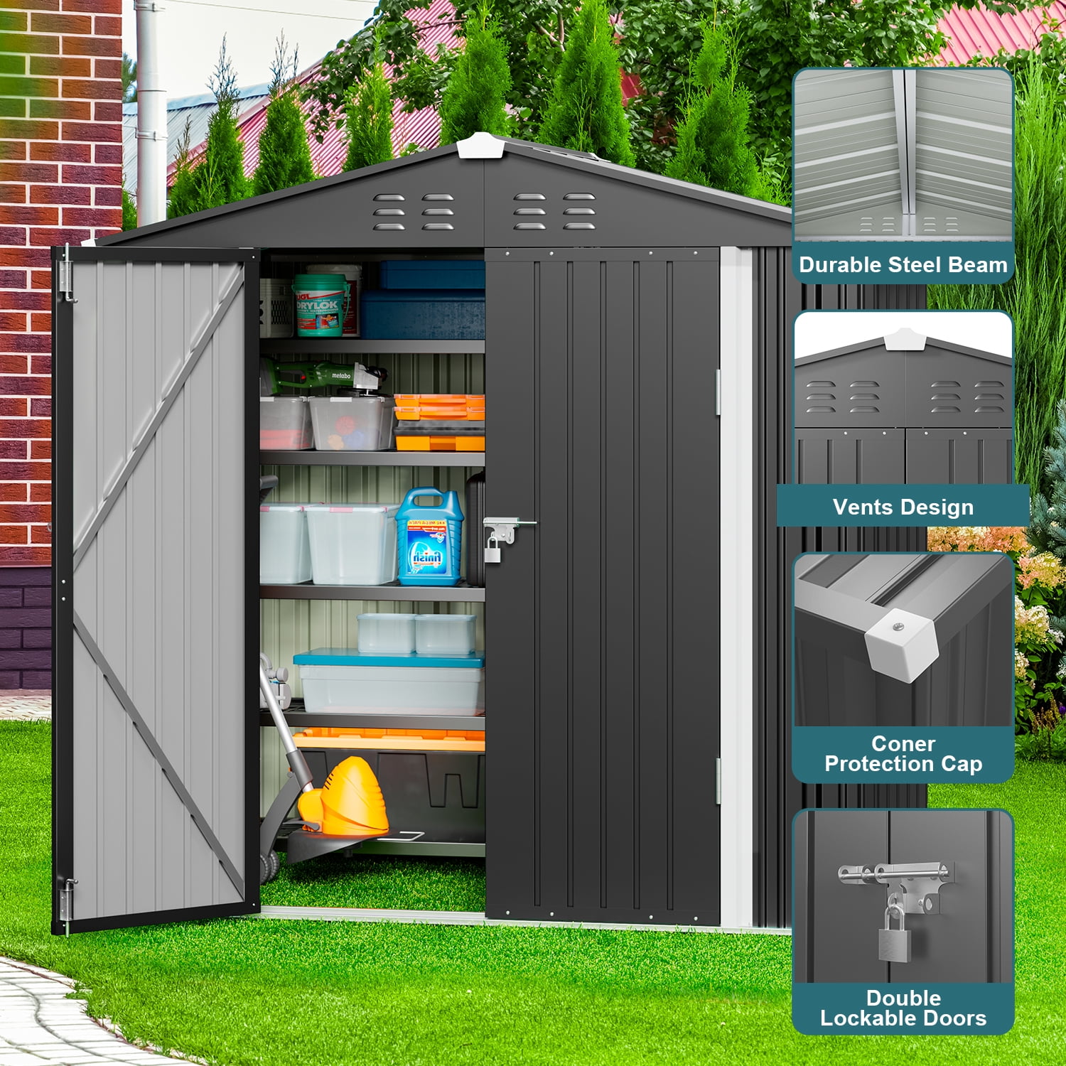 Lofka 6x4 FT Outdoor Storage Shed Lockable Weatherproof Garden Tool Shed Dark Grey