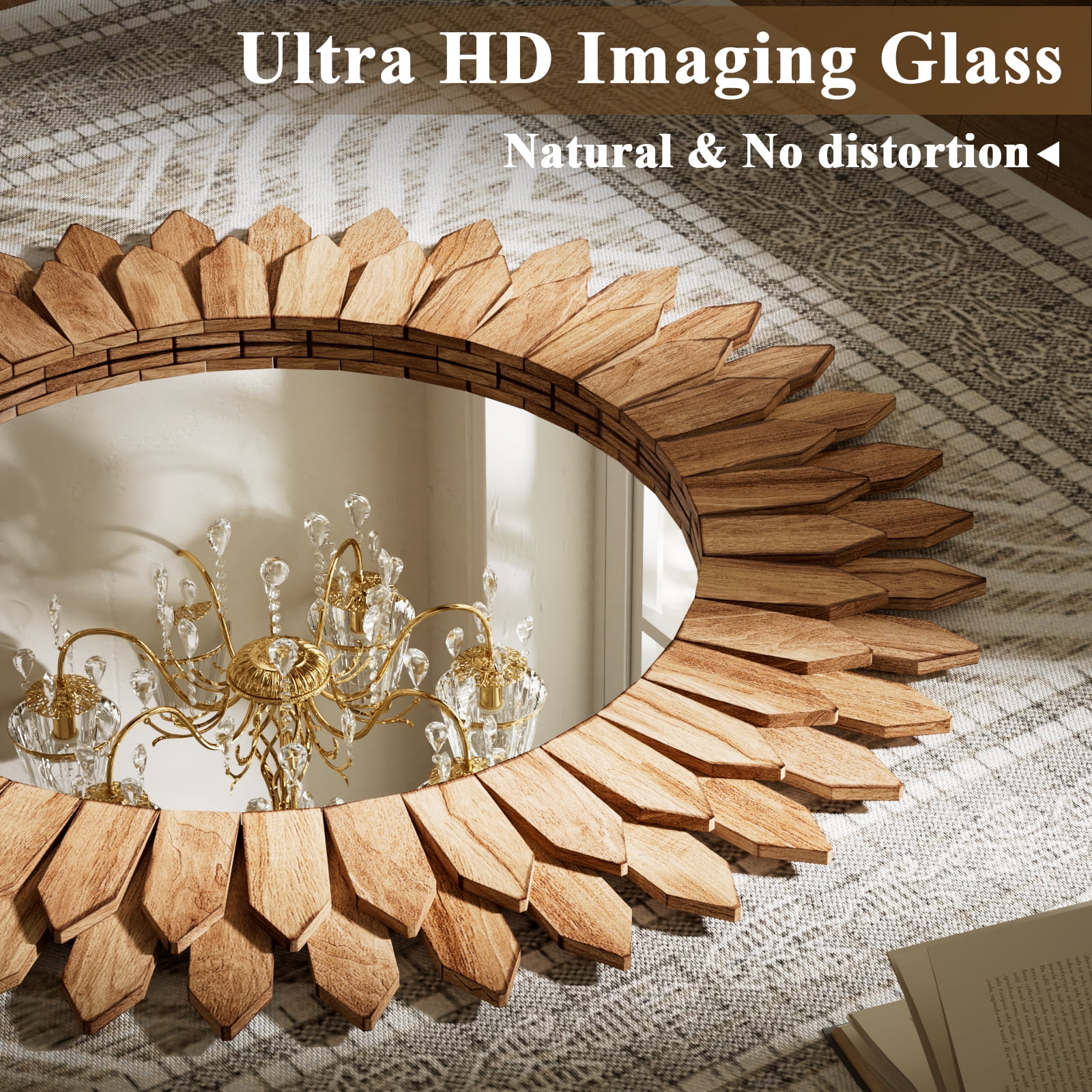 Easy4Home 24" Rustic Wood Mirror Wall Decoration Hanging Round Mirror,Light Brown