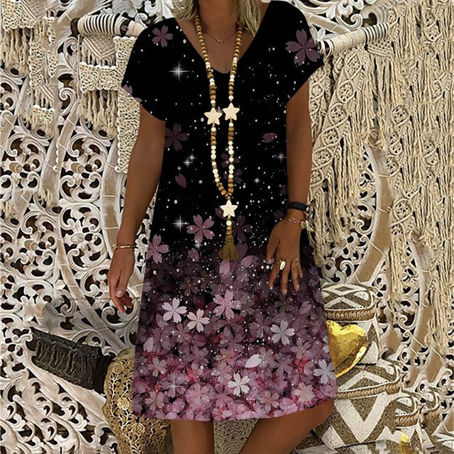 WILLBEST Garden Party Dresses pour Femmes Robe Décontractée à Manches Courtes Imprimée Col en V