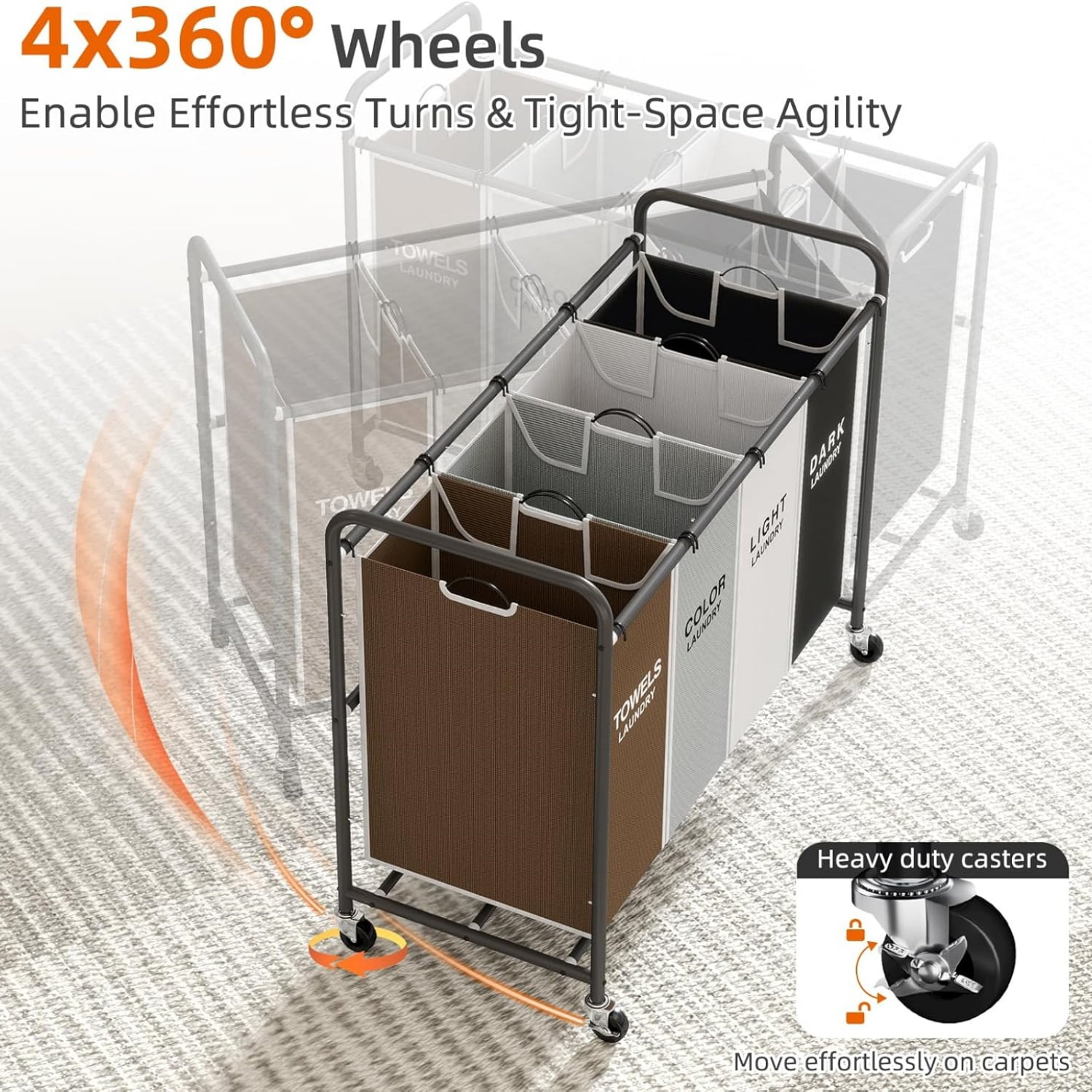 Laundry Hamper Sorter Cart: 4-Section Organizer with Heavy-Duty Lockable Wheels and Removable Bags | 172L Rolling Laundry Basket for Dirty Clothes in Laundry Room or Small Spaces (Multicolor)