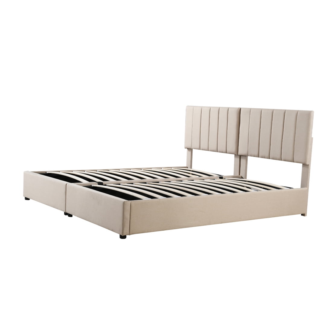 King Size Lift up Storage Bed Frame, Upholstered Platform Bed with Headboard & Hydraulic Storage & Wood Slats Support, No Box Spring Needed, Beige