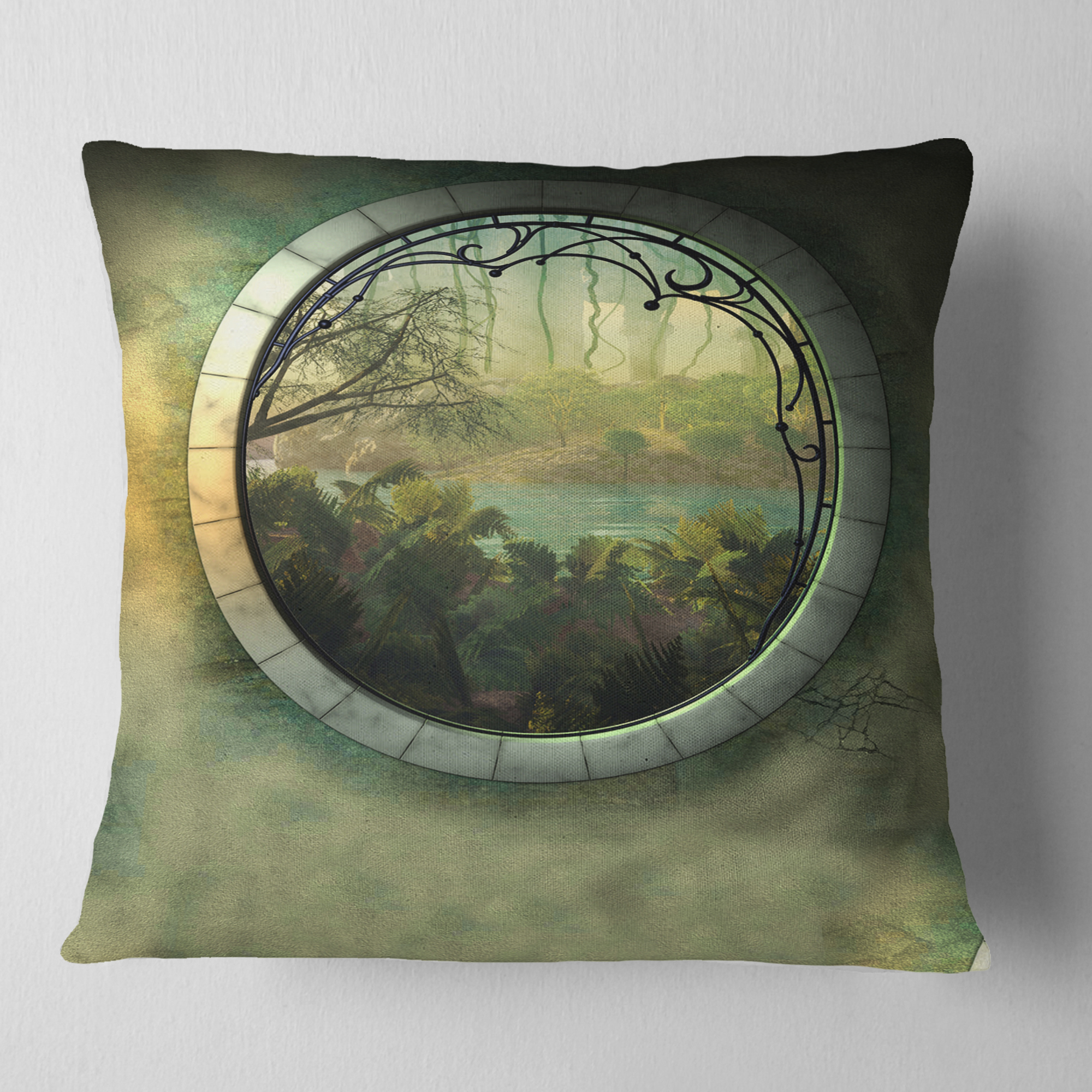 Designart Green Fantasy Landscape with Frame - Photography Throw Pillow - 16x16