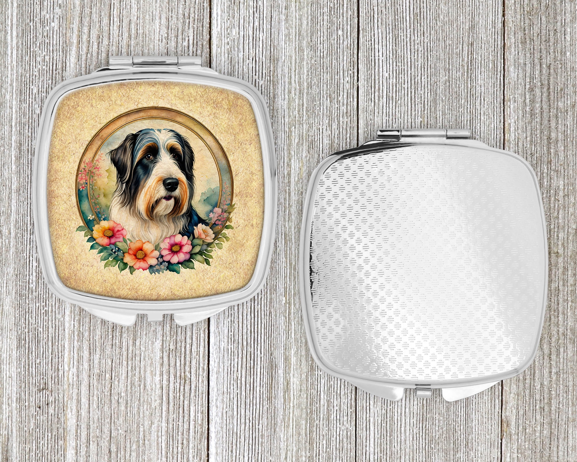 Bearded Collie and Flowers Compact Mirror 2.75 in x 3 in