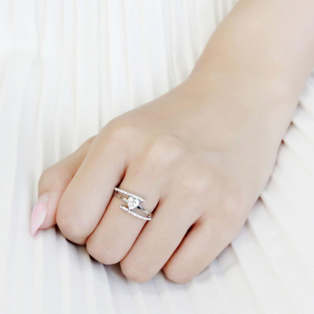 Womens Silver Rings High polished (no plating) 316L Stainless Steel Ring with AAA Grade CZ in Clear DA361