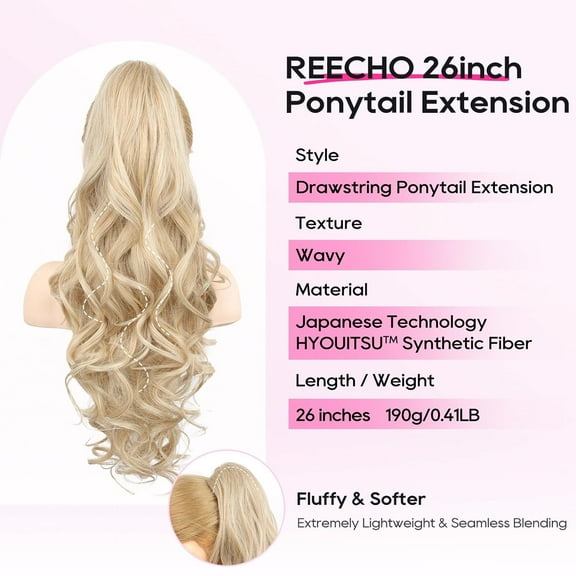 WEIF-Ponytail Extension, 26 Inch Drawstring Ponytail Extension Long Curly Wavy Pony Tails Hair Extensions Synthetic Clip in Ponytail Hairpiece for Women, Medium Blonde with Pale Highlights