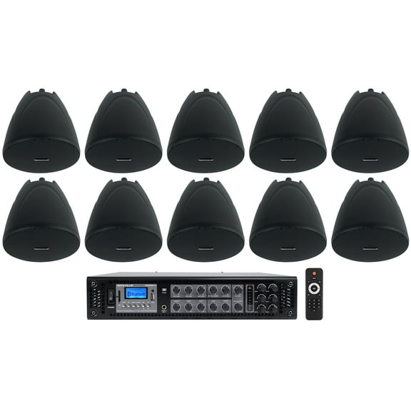 Rockville RCS350-6 350 Watt 6 Zone 70v Commercial/Restaurant Amplifier/Bluetooth Bundle with (10) PEN-40T Black 4" 70V Hanging Pendant Speaker