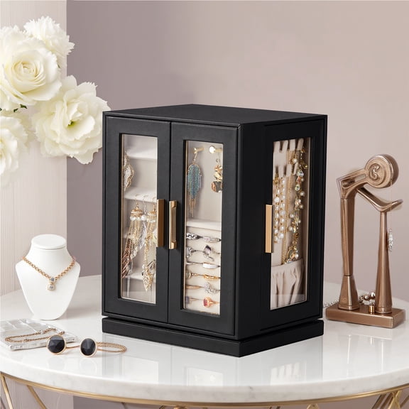 BAYUELSWU Jewelry Box Organizer with Glass Window, 360° Rotating Jewelry Storage Case Accessory Organizer with 5 Drawers (Black)