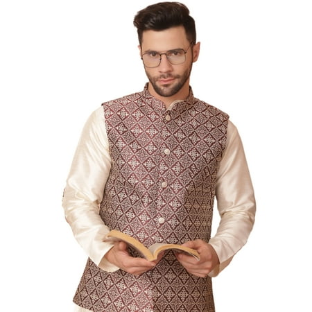 Maple Clothing Men's Nehru Jacket Sleeveless Outerwear Vest Sequins Indian Waistcoat (Maroon, L)