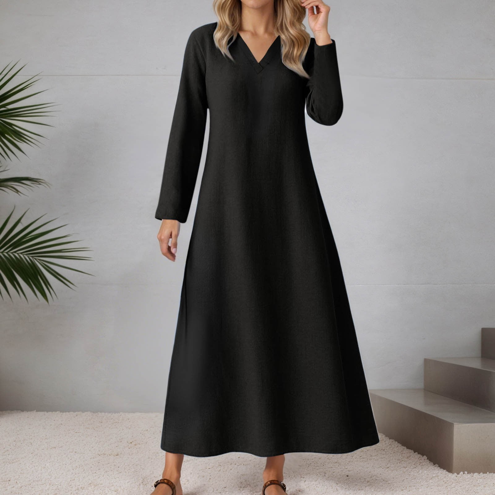LIIPEE Women Dresses Solid Color Loose Long Sleeve V Neck A-Line Midi Sundress Woman Casual Climbing Hiking Camping Cycling Dress,Black,M