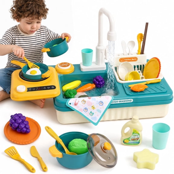 UQN Play Sink with Running Water for Toddlers 3-5, Kitchen Play Sink & Stove Toy with Electric Faucet, Play Food & kitchen Accessories, Gift for Boys Girls Ages 3 