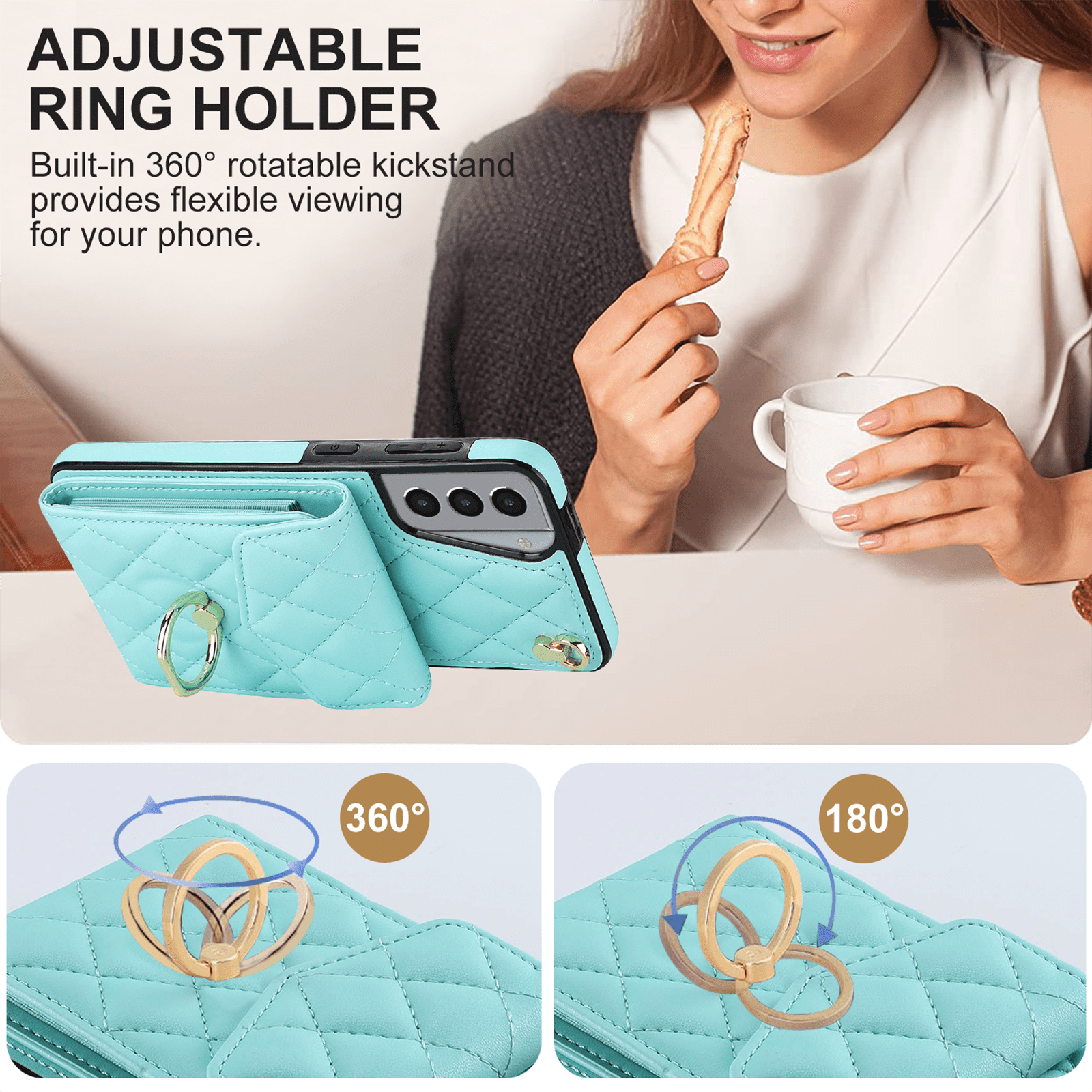 Asuwish Wallet RFID Blocking PU Leather Cell Phone Case with Tempered Glass Screen Protector, Wrist Strap for Samsung Galaxy S21, Teal