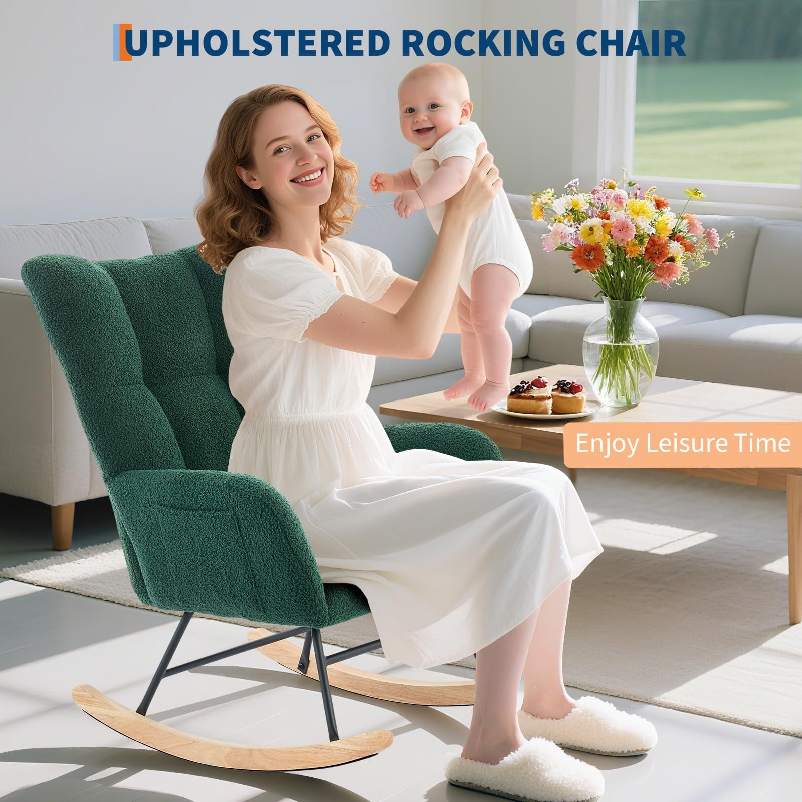 KOKEBREN Teddy Upholstered Rocking Chair for Nursery,Glider Rocker for Adults,Chair for Living Room Bedroom,Dark Green