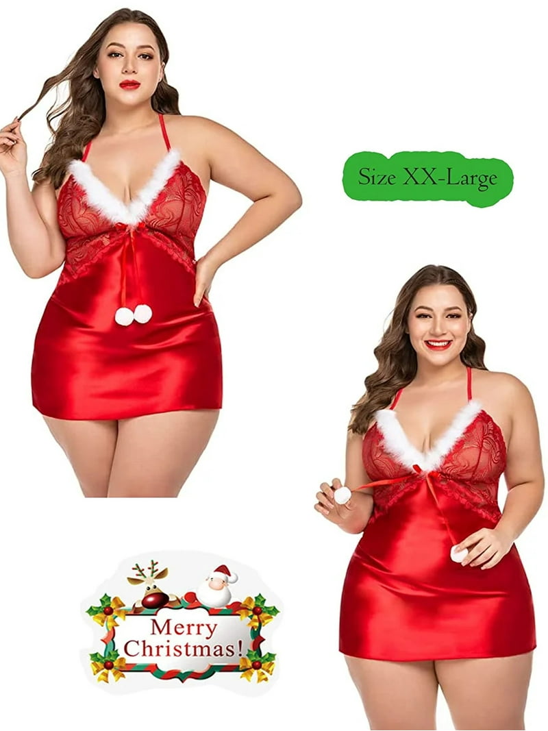 Avidlove Womens Christmas Lingerie Set Sexy Santa Nightgown Chemise Satin  Nightwear Dress(Red,S)