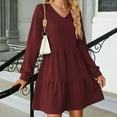 thumbnail image 5 of IROINNID Discount Long Sleeve Dress for Women Mid-Length Fit&Flare Dress New Color V-Neck Splicing Long Sleeve Loose Dress A-Line Skirt,Burgundy, 5 of 6