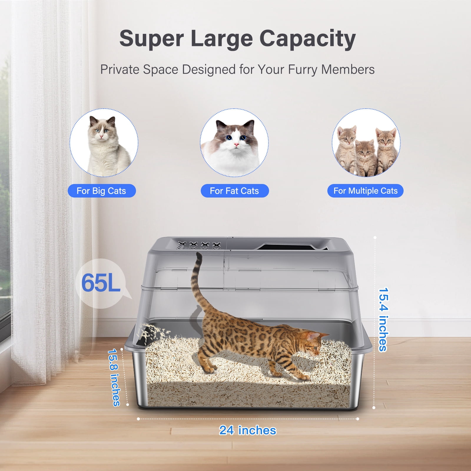 Aphyxen Stainless Steel Enclosed Cat Litter Box, Extra Large Top Entry with 110° Flip Cover & Pedal, Anti-Leakage, Grey