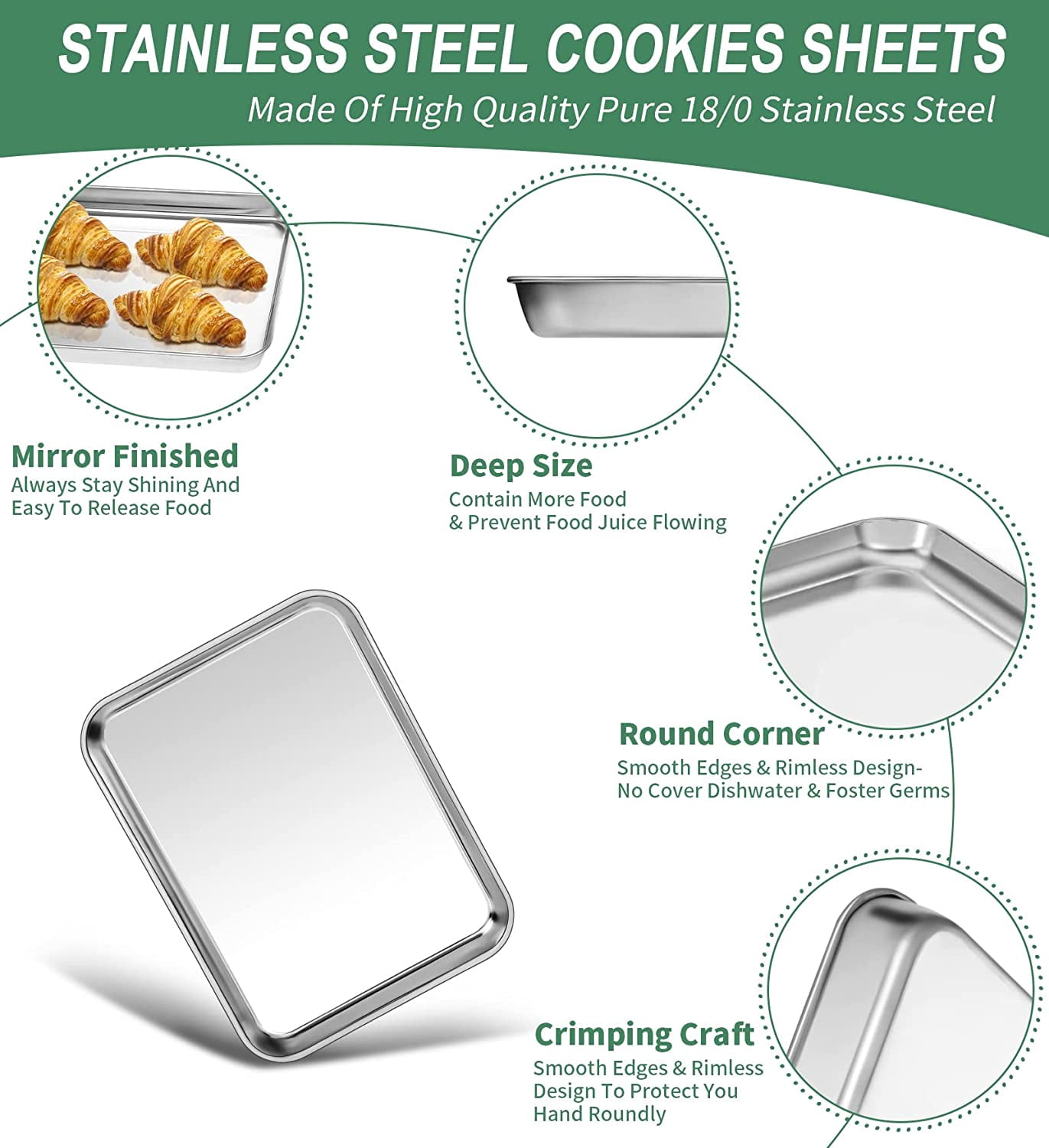 Baking Sheet Set of 2, 12 inch Commercial Grade Stainless Steel Baking Pan, Professional Bakeware Oven Tray, Healthy & Non-toxic, Rust Free & Mirror Finish, Easy Clean & Dishwasher Safe