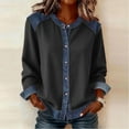 thumbnail image 2 of successthop Denim Patchwork Jacket Women Casual Button Up Crewneck Clothes Long Sleeve Outwear Panel Vacation Outfits, 2 of 7