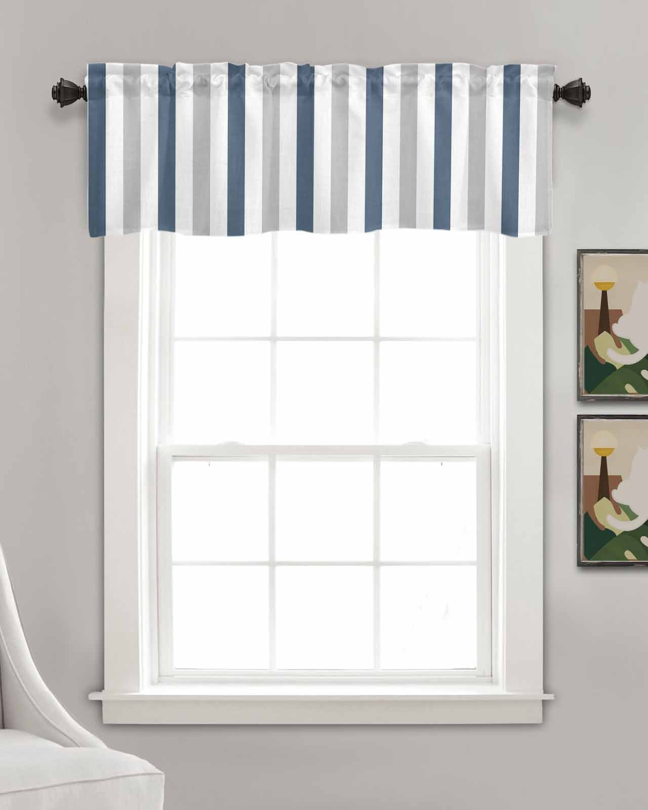 Blue Gray Striped Kitchen Valances for Windows Farmhouse Linen Window Valance Curtain for Living Room Window Treatment Farmhouse Stripe Art Valance Rod Pocket Topper Drape, 54 x 18 Inch