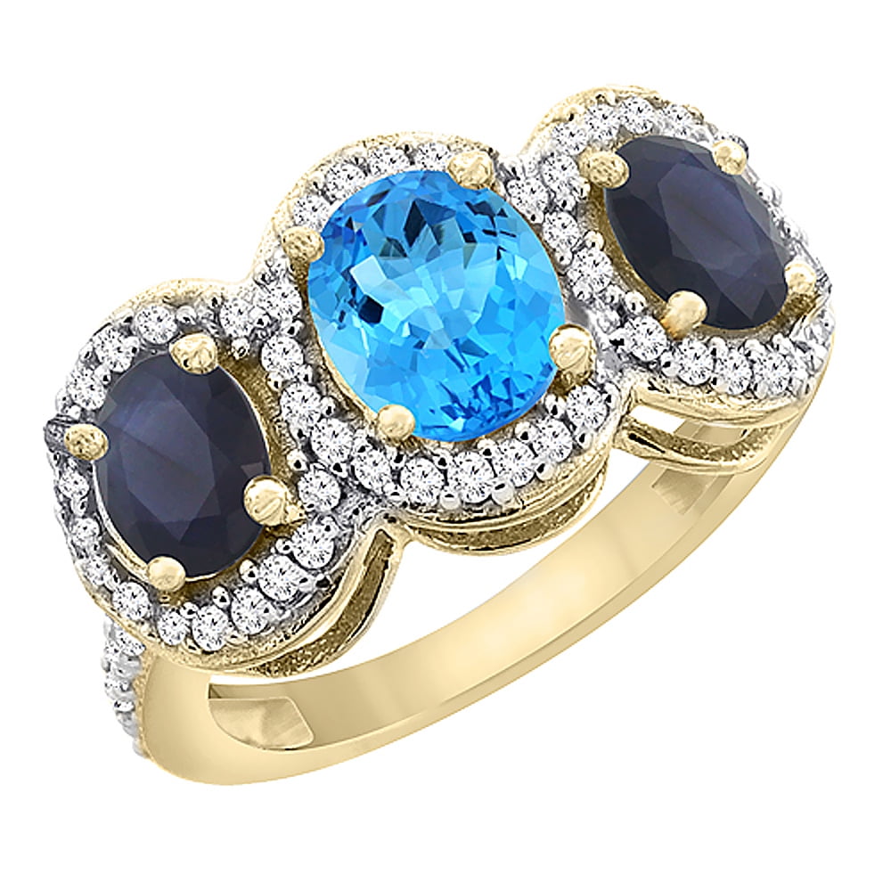 10K Yellow Gold Natural Swiss Blue Topaz & HQ Blue Sapphire 3-Stone Ring Oval Diamond Accent, size 5.5 by Gabriella Gold