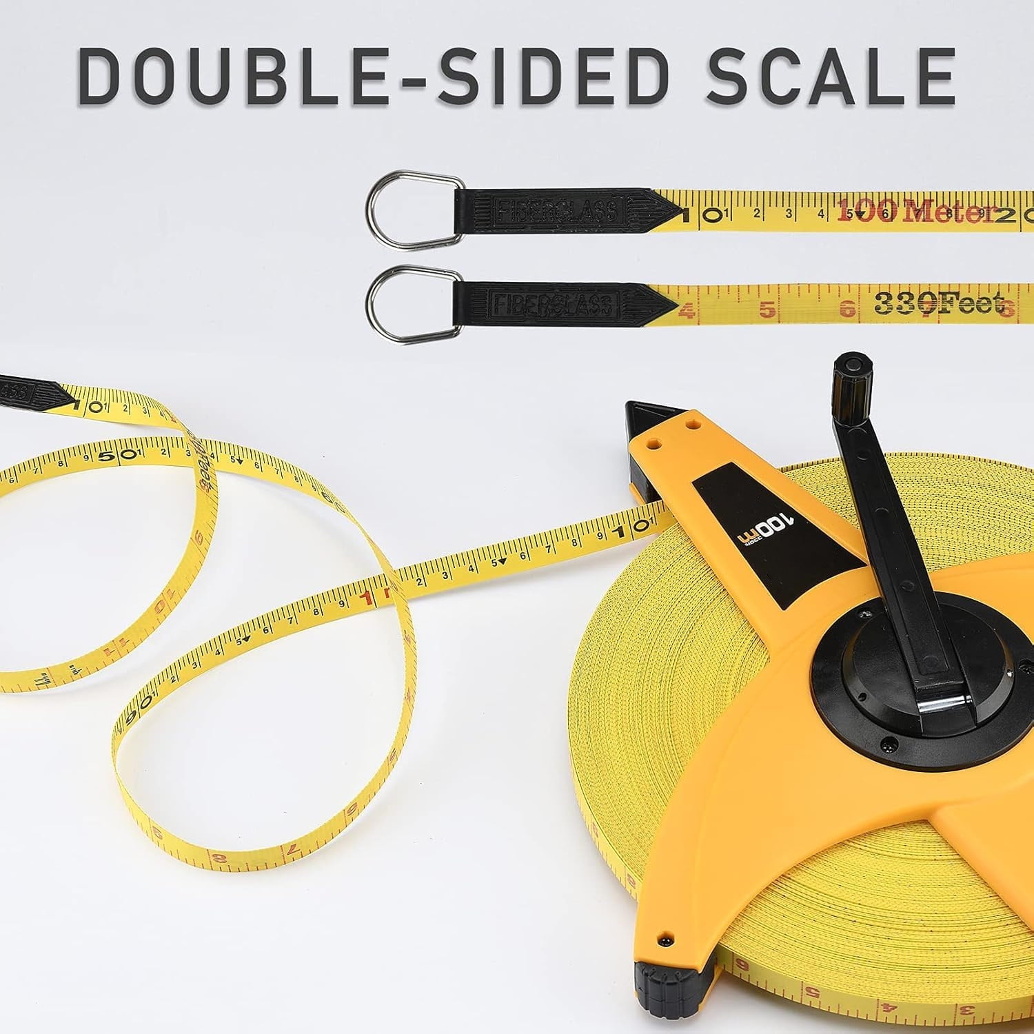 300FT/91M Heavy Duty Fiberglass Tape Measure - 1/2-Inch Wide, Dual Inch/Metric Scale, Durable Open Reel Measuring Tape for Surveying, Engineering, Runway Construction