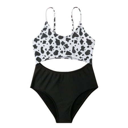 

Swimwear Holiday Outfits Cute Hollow Bikini Summer Kids Beachwear Girls Bow Printed Ruffle Hem Swimsuit