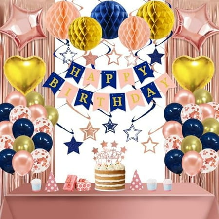 Navy Rose Gold Pink Birthday Party Decorations Supplies Happy Birthday Banner Honeycomb Balls Fringe Curtain Foil Balloons Hanging Swirls Cake Topper Tablecloth Party Supplies for Women Girls